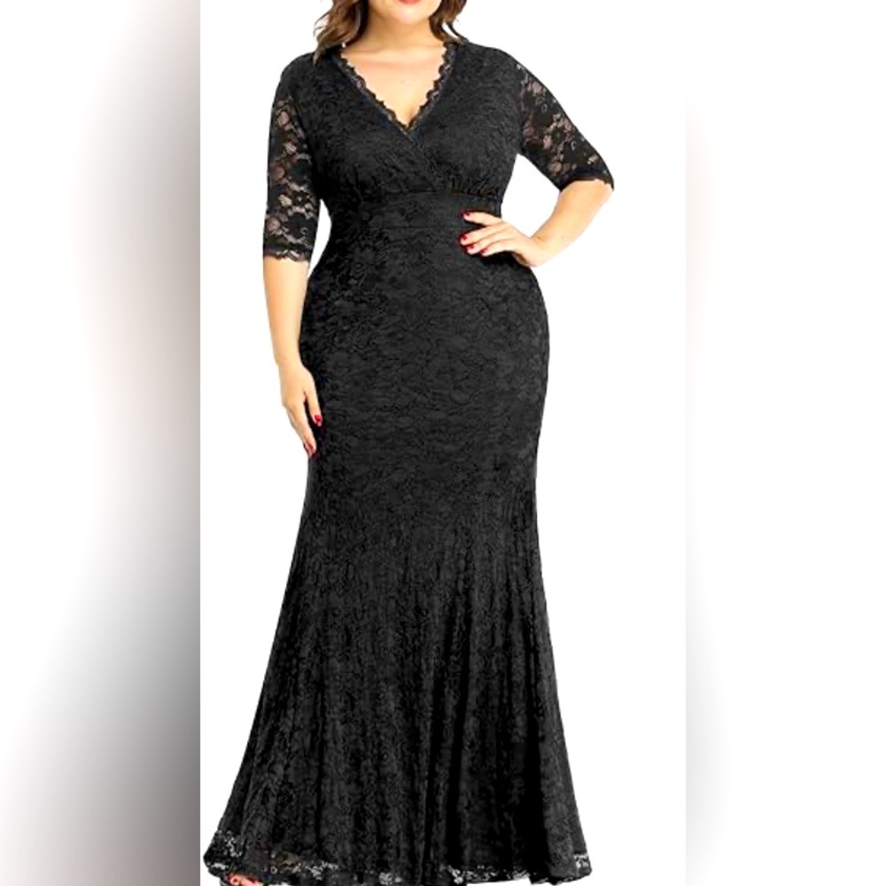 Black Women's Plus Prom Gown Evening Floral Lace Long Wrap V Neck Mermaid Dress